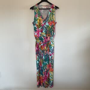 Susan Graver Liquid Knit Jumpsuit Sz 1X Tropical Floral Leaf Wide Leg Sleeveless